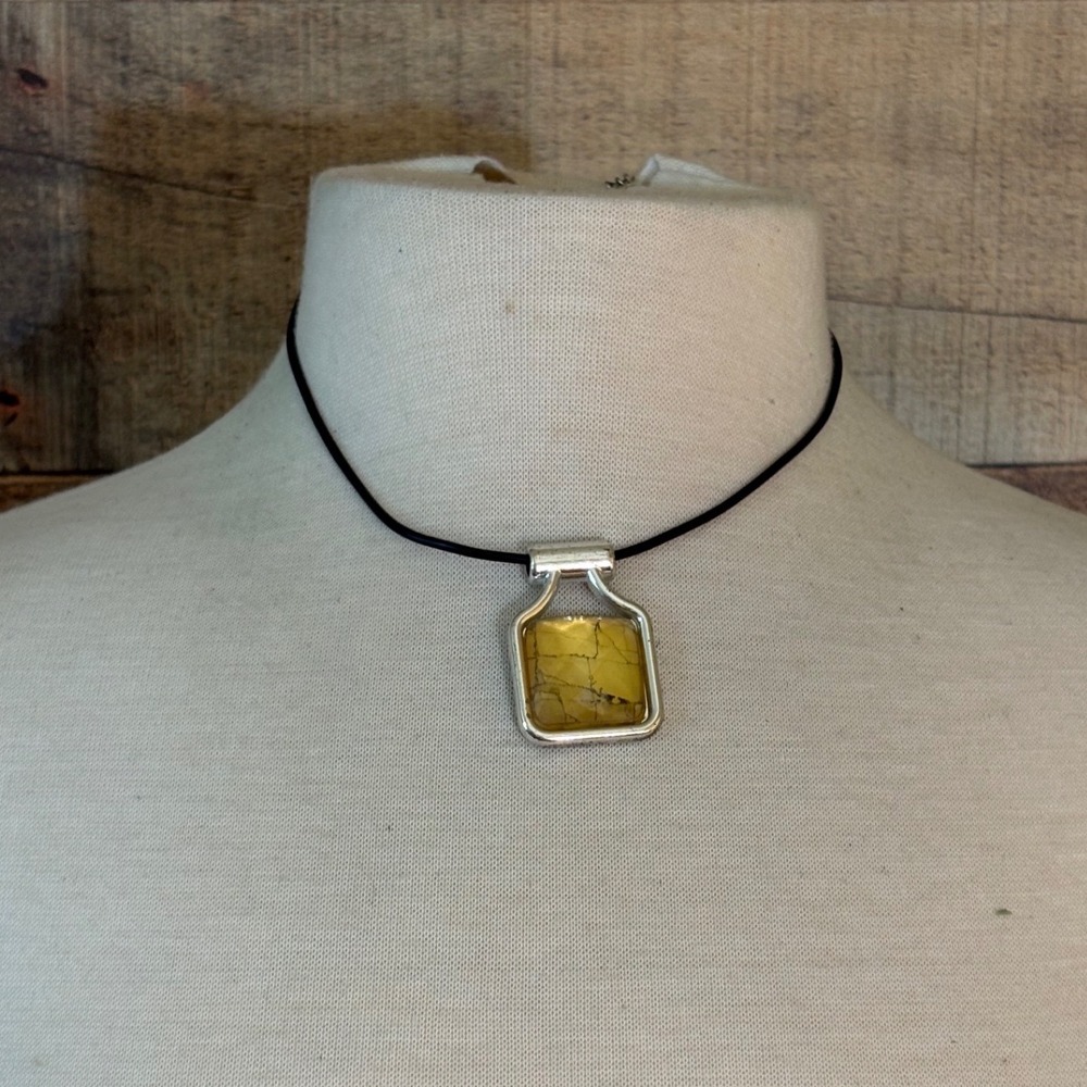 Handmade Yellow Faceted Stone Square Pendant Black Cord Necklace